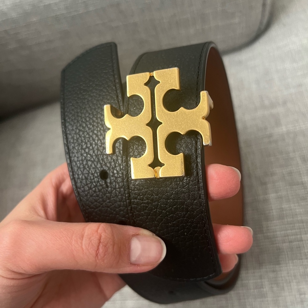 Tory Burch Black and brown double sided Leather Belt with Gold Logo Buckle